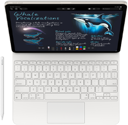 iPad Air displaying handwritten notes and drawings in Notes app, paired with Magic Keyboard and Apple Pencil Pro